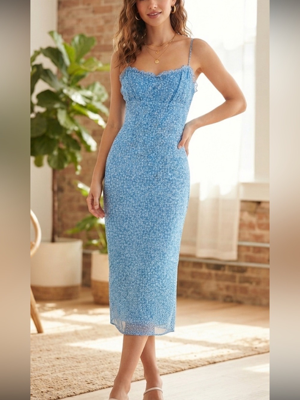 Wilfred Aritzia Floral Midi Slip Dress A-Line Side Slit Spaghetti Strap Sz 4